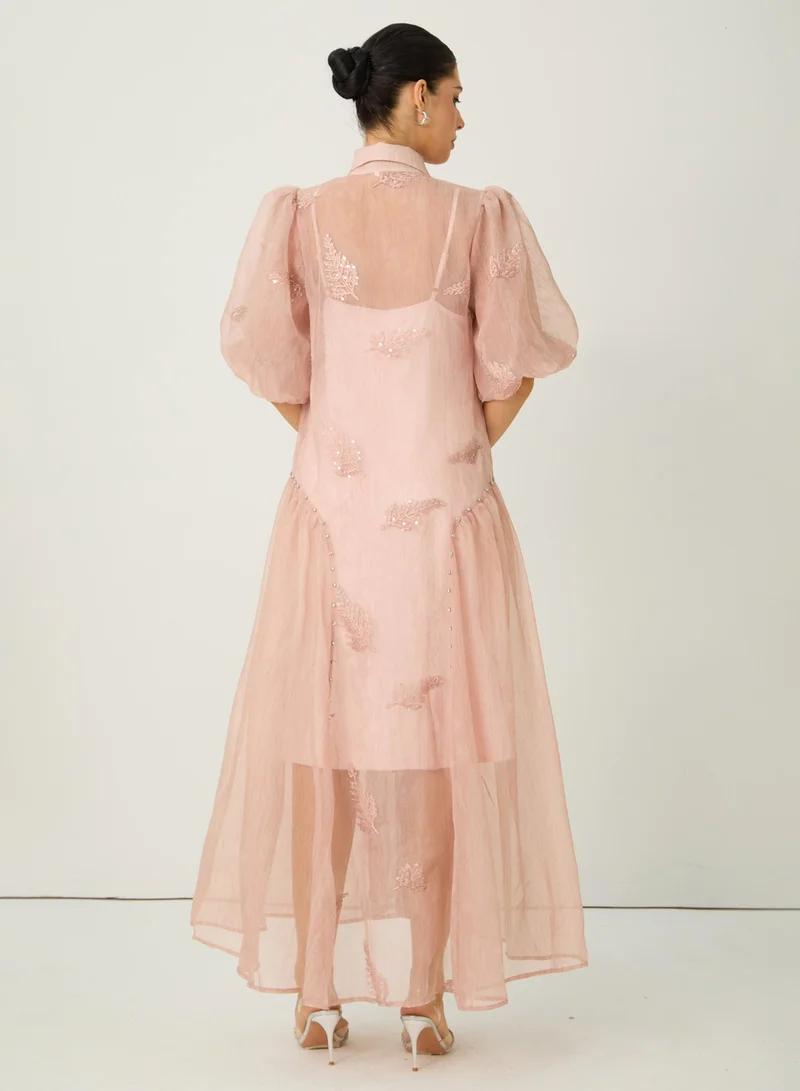 Sunfere  Dreamy Personality Pink Puff Sleeve Embroidered Maxi Dress for Women | Best Price UAE