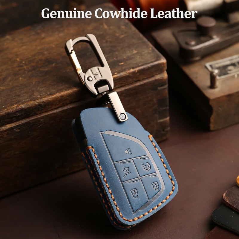 Aoocar Leather Key Fob Cover, Compatible with GMC Yukon Denali Sierra 2021-2025 2026, Fit For Chevy Silverado Suburban Tahoe Buick etc, Retro Style Design Key Holder Protector(5 Button, Blue) - Image 3