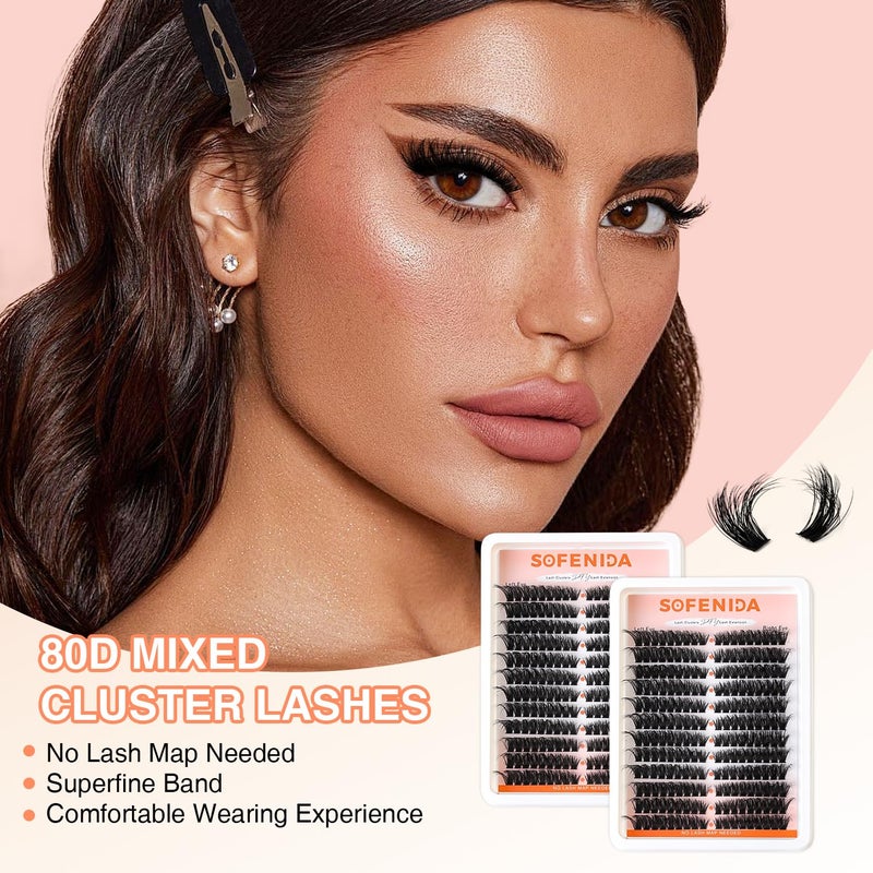SOFENIDA Lash Clusters 80D Cluster Eyelash Extensions 8-16mm Cat Eye Wispy Eyelash Clusters 12 Pairs D Curvature Eyelash Clusters Left & Right Diy Lash Extension at Home - Image 3