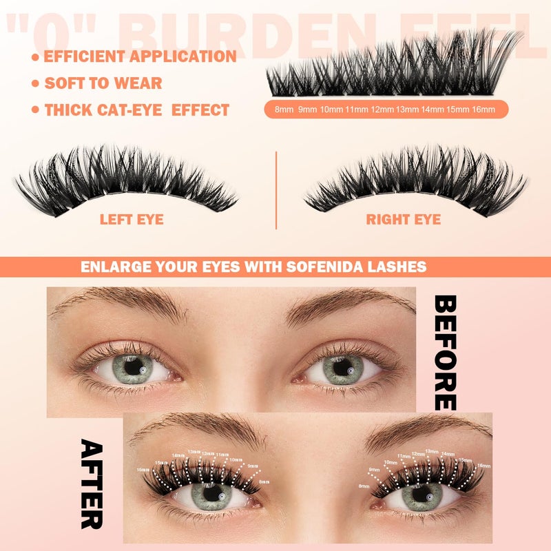 SOFENIDA Lash Clusters 80D Cluster Eyelash Extensions 8-16mm Cat Eye Wispy Eyelash Clusters 12 Pairs D Curvature Eyelash Clusters Left & Right Diy Lash Extension at Home - Image 5