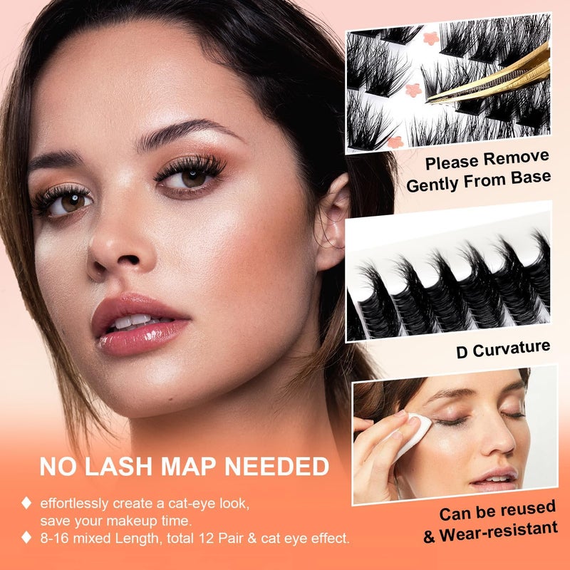SOFENIDA Lash Clusters 80D Cluster Eyelash Extensions 8-16mm Cat Eye Wispy Eyelash Clusters 12 Pairs D Curvature Eyelash Clusters Left & Right Diy Lash Extension at Home - Image 4