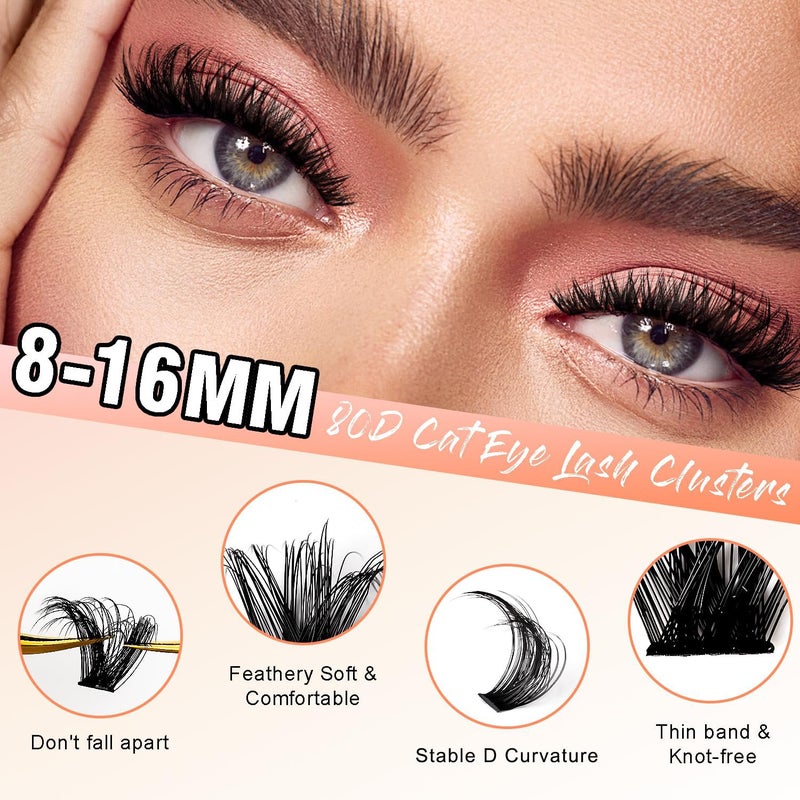 SOFENIDA Lash Clusters 80D Cluster Eyelash Extensions 8-16mm Cat Eye Wispy Eyelash Clusters 12 Pairs D Curvature Eyelash Clusters Left & Right Diy Lash Extension at Home - Image 2