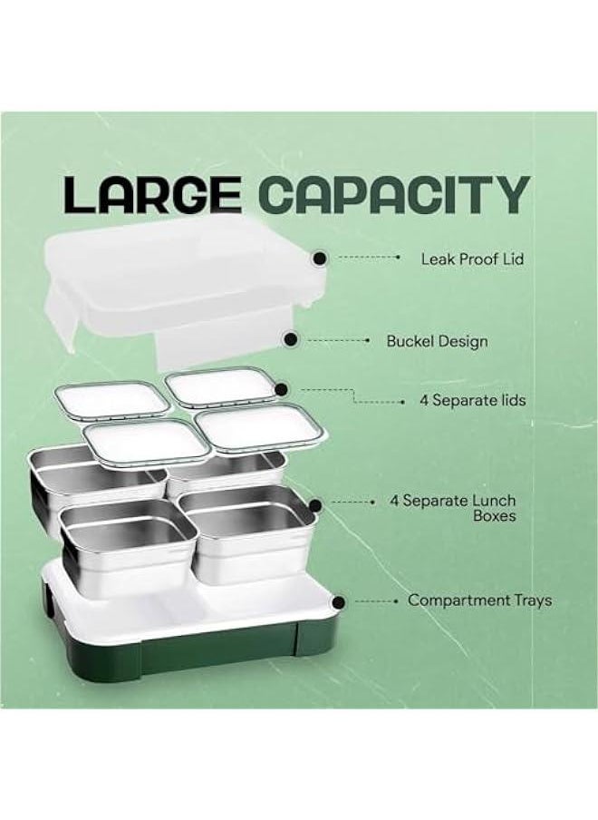 HOOKOR Stainless Steel Lunch Box for Adults Kids with Insulated Bag, Set of 3 Large Leakproof Meal Prep Food Containers for Men or Women, Lunch-boxes for Work or School (Dark Green)  - Image 4