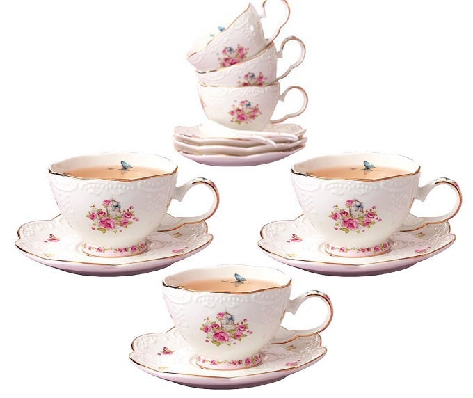 7 OZ PORCELAIN TEA SETS FLOWER SERIES TEA CUP AND SAUCER SETCOFFEE CUP SET WITH SAUCER AND SPOON FDTCS11 SET OF 6