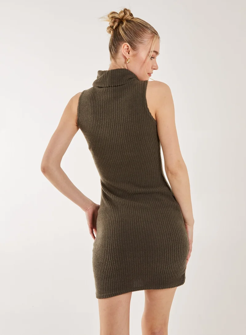 Pink Vanilla Brushed Sleeveless Polo Neck Mini Dress