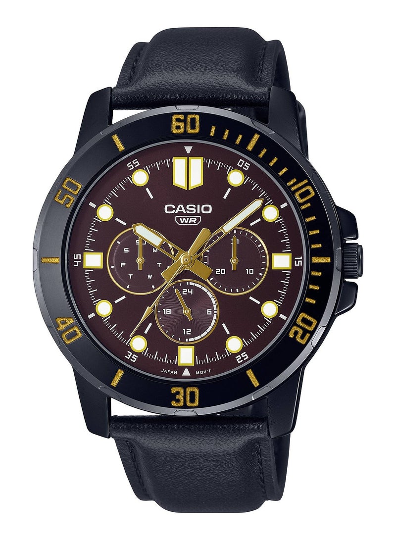 CASIO ساعة كاسيو مقاومة للماء بتصميم أنالوج كوارتز بحزام جلد متعدد الوظائف - MTP-VD300Bl-5EUDF - 45 مم