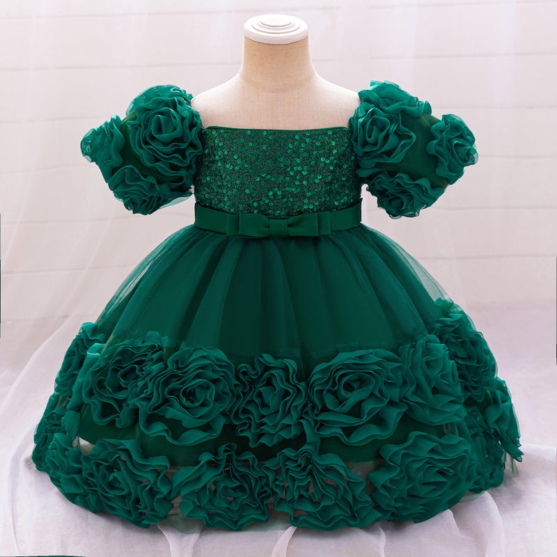 Cross-border New Girls Dress Decal Princess Dress One-year-old Dress Flower Girl Dress Bubble Sleeve Rose dress L2283XZ-dark green