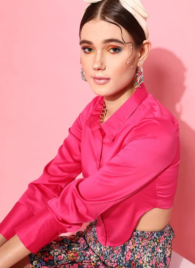 STREET 9 Fuchsia Satin Shirt Style Top for Women