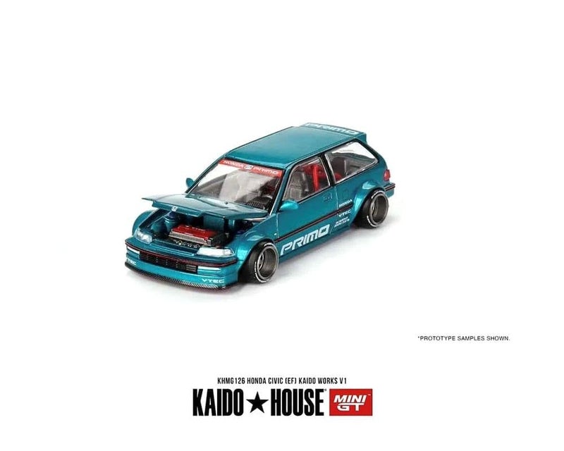 Mini GT Models True Scale Miniatures Model Car Compatible with Honda Civic (EF) Kaido Works V1 Tahitian Green Limited Edition 1/64 Diecast Model Car Kaido House KHMG126 - Image 2
