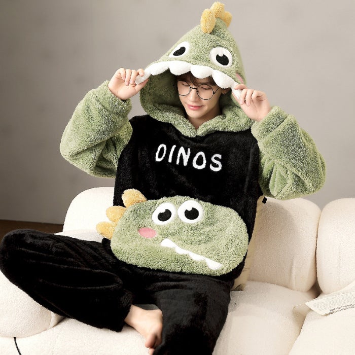 Coral Fleece Pajamas Men's Winter Hooded Fleece Plus Cartoon Cute Dinosaur Plus Size Teenager Home Suit - Image 1