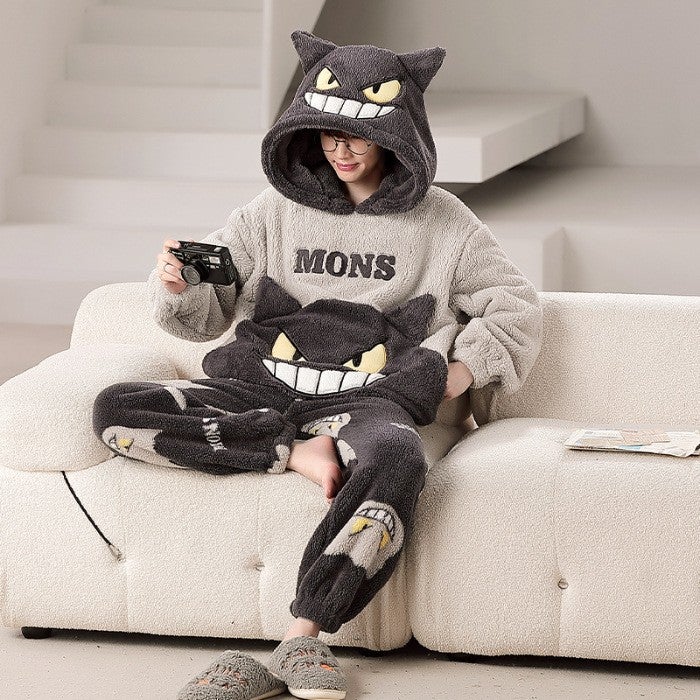 Coral Fleece Pajamas Men's Winter Hooded Fleece Plus Cartoon Cute Dinosaur Plus Size Teenager Home Suit - Image 5