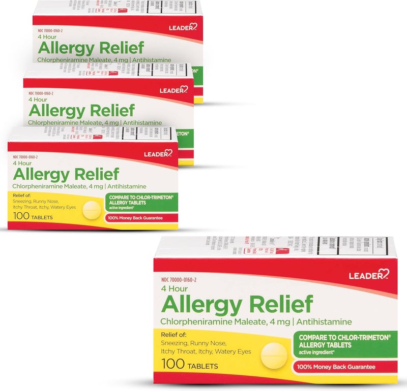 LEADER 4 Hour Allergy Relief, Chlorpheniramine Maleate Tablets, Antihistamine, 4 mg, 100 Count, (Pack of 3)