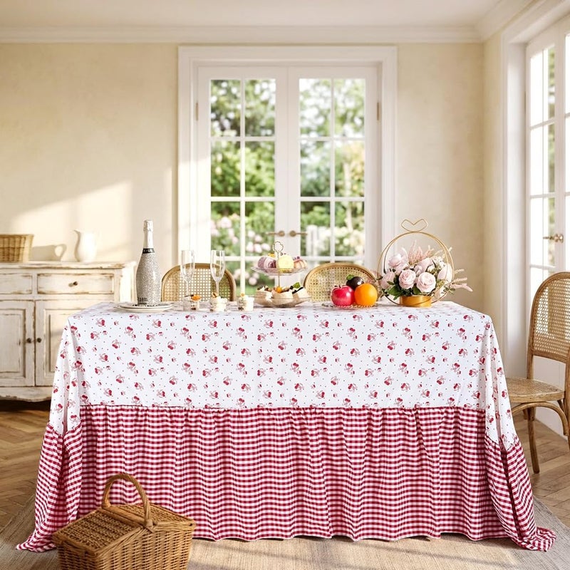 SoarDream Red Bow Ruffle Tablecloth - 80 x 120 Inch Spring Waterproof Table Cloth Polyester Rectangle Table Covers for Holiday Picnic Baby Shower Birthday Wedding Party Decoration - Image 3