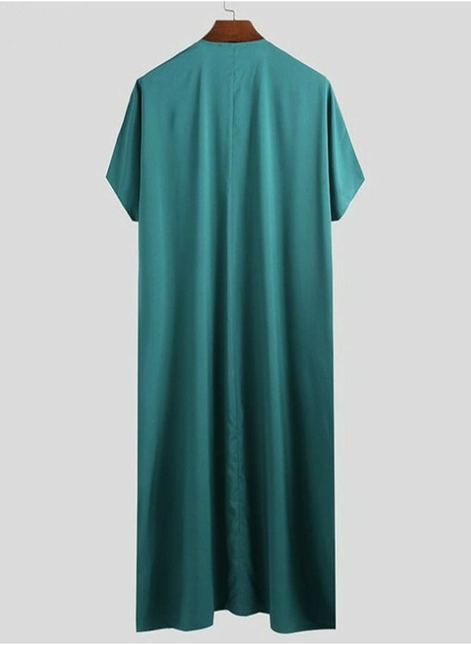 Loquat Men's Muslim Solid Color Loose Robe Thobe Short Sleeve Side Split Kaftan Bluish-Green  - Image 2