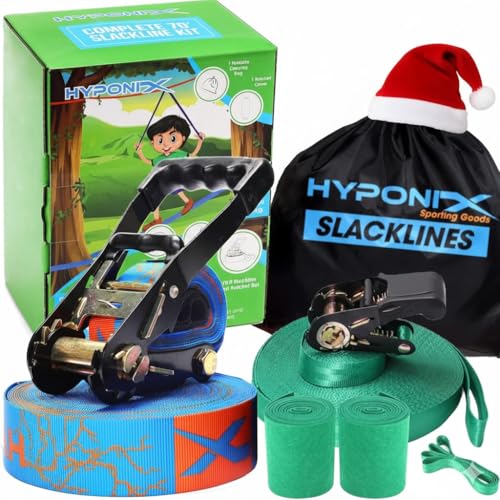 Hyponix Sporting Slackline Kit 70 with Training Line Slack Lines for Backyard Fun Balance Rope for Kids Adults Dual Gear Ratchet HeavyDuty 440lbs Rating Easy Setup Includes Carrying Bag Giftable Box - Image 1