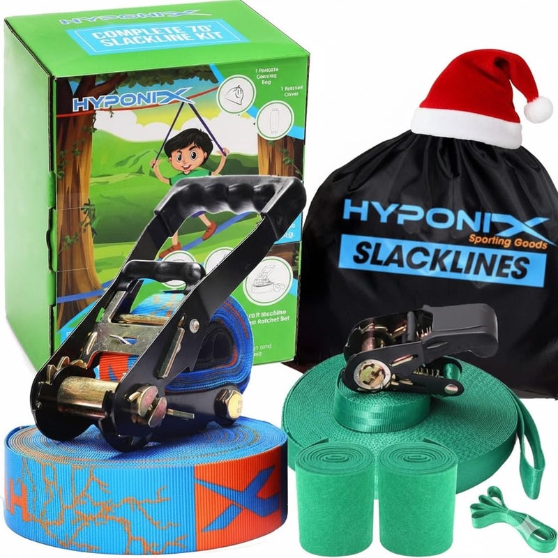 Hyponix Sporting Slackline Kit 70 with Training Line Slack Lines for Backyard Fun Balance Rope for Kids Adults Dual Gear Ratchet HeavyDuty 440lbs Rating Easy Setup Includes Carrying Bag Giftable Box - Image 2
