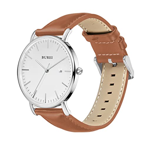 BUREI Men's Fashion Minimalist Wrist Watch Waterproof Watches Simple Ultra Thin Watches Analog Quartz Date with Brown Black Leather Strap - Image 2