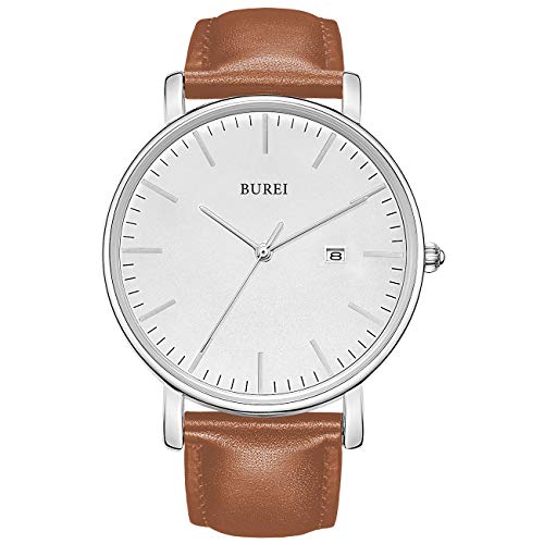 BUREI Men's Fashion Minimalist Wrist Watch Waterproof Watches Simple Ultra Thin Watches Analog Quartz Date with Brown Black Leather Strap - Image 1