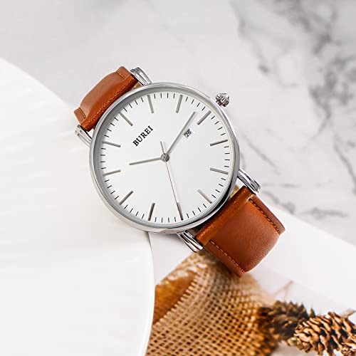 BUREI Men's Fashion Minimalist Wrist Watch Waterproof Watches Simple Ultra Thin Watches Analog Quartz Date with Brown Black Leather Strap - Image 3