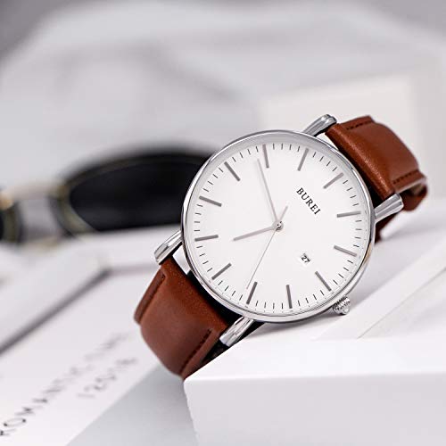 BUREI Men's Fashion Minimalist Wrist Watch Waterproof Watches Simple Ultra Thin Watches Analog Quartz Date with Brown Black Leather Strap - Image 4