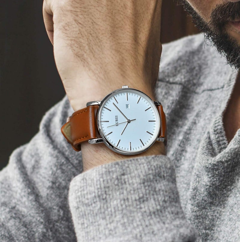 BUREI Men's Fashion Minimalist Wrist Watch Waterproof Watches Simple Ultra Thin Watches Analog Quartz Date with Brown Black Leather Strap - Image 5