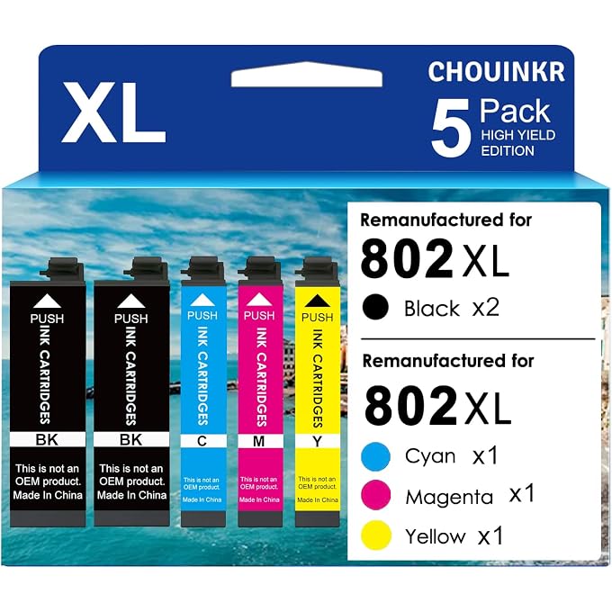 802XL Ink Cartridges Latest Upgrade Remanufactured for 802XL Ink Cartridges Combo Pack (T802XL-BCS) Works with Workforce Pro WF-4720, WF-4730, WF-4734, WF-4740 (5er-Pack)
