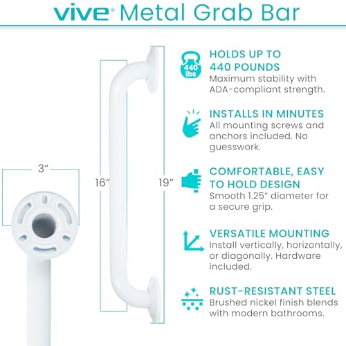 Vive Grab Bar for Showers Bathroom Antislip Handrail for Seniors Elderly Assistance Product Heavy Duty Shower Handles Handicap Grab Bars Stainless Steel Multipurpose 440 lbs White - Image 3