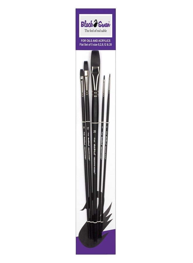 Creative Mark Black Swan Synthetic Red Sable Paint Brushes Flat Set of 5 - Professional Quality Long Handle Paint Brushes for Oil, Heavy Body Media and Acrylic - Artists of All Levels - Image 1