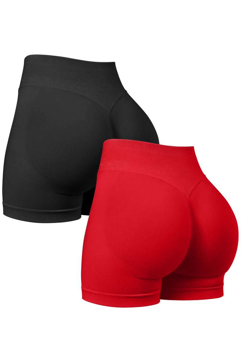 OQQ Women 2 Piece Workout Shorts Butt Lifting High Waist Yoga Athletic Gym Seamless Shorts Black Red - Image 1
