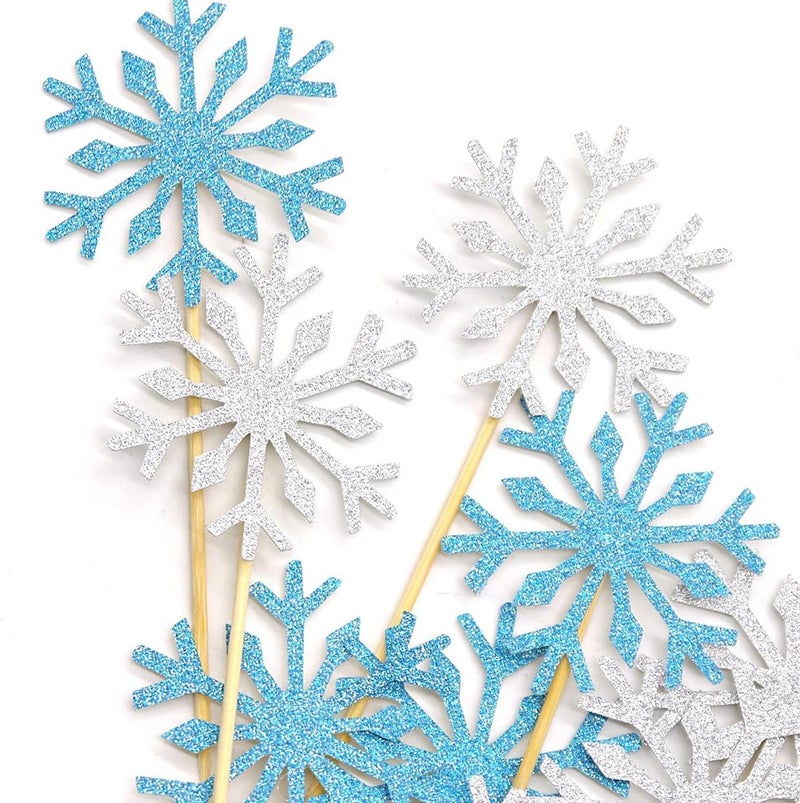 PuTwo 20 Counts Wedding Cake Decorating Frozen Cupcake Toppers Toothpicks, Sliver/Blue/Snow