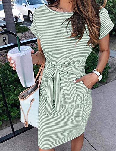 MEROKEETY Women's Summer Striped Short Sleeve T Shirt Dress Casual Tie Waist Midi Dress Mint - Image 2