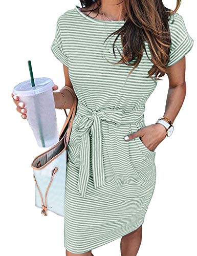 MEROKEETY Women's Summer Striped Short Sleeve T Shirt Dress Casual Tie Waist Midi Dress Mint - Image 1