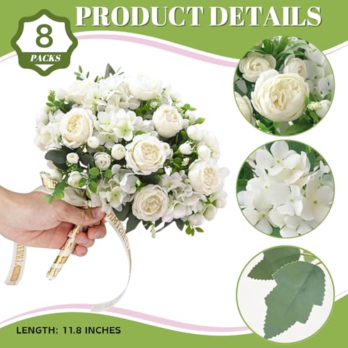 ASTRYAS 8Pcs White Peonies Artificial Flowers Mixed Hydrangea Faux Silk Peony Flowers Fake Floral Arrangement for Centerpiece Table Wedding Party Home Decor Baby Showers - Image 2