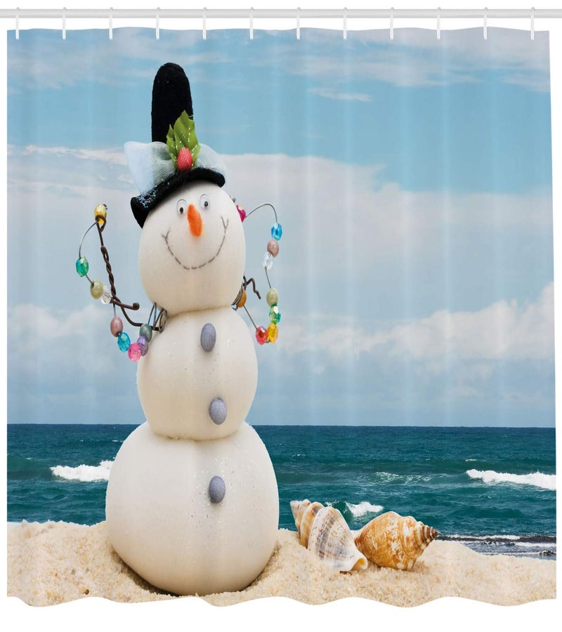 Ambesonne Snowman Startain Stain Winter Holiday Holiday Figure Seashells جالسًا على شاطئ رملي ساحلي ، قماش حمام ، مجموعة الحمام مع السنانير 69 "W x 75" "L Blue Sand