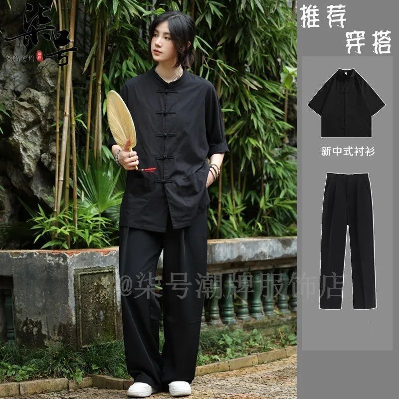 New Chinese Style Shirt Chinese-Tung Suit Men'S And Women'S Summer Hemp Cotton Handsome Chinese Style Retro Five-Point Sleeve Shirt Tang Suit - Image 1