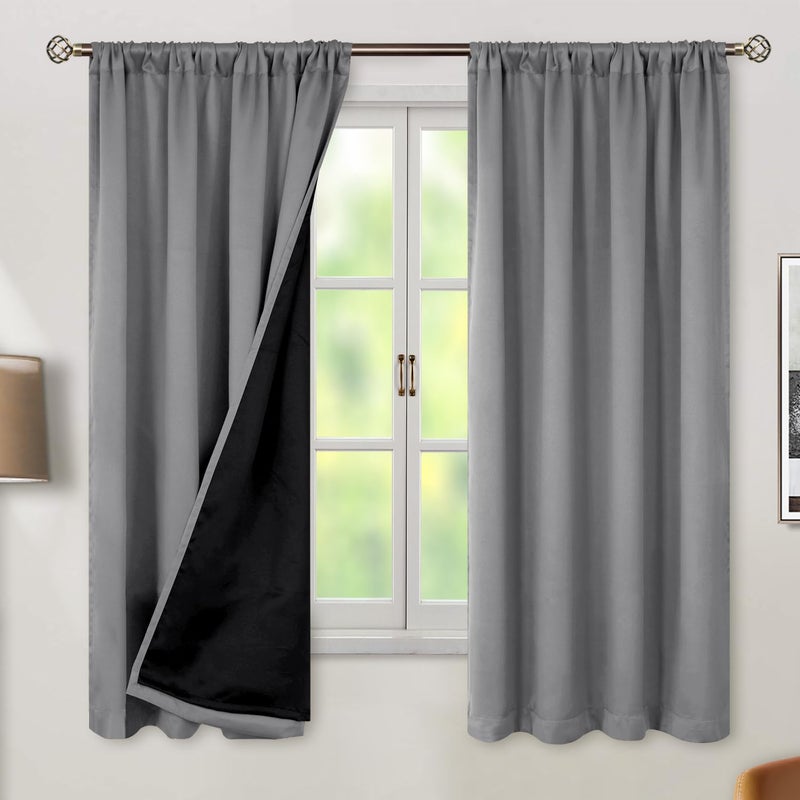 BGment 100% Blackout Curtains for Bedroom 63 Inch Length 2 Panels, Thermal Insulated Room Darkening Curtains Rod Pocket Soundproof Bedroom Living Room Window Curtains, Dove Grey, Each 52 Inch Wide - Image 1