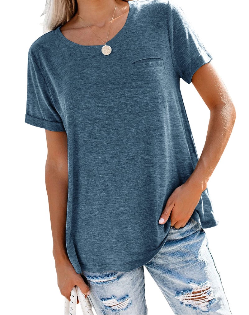 Bingerlily Women's Roll Up Short Sleeve T Shirts Crew Neck Tops Loose Casual Tees with Pocket Navy - Image 4