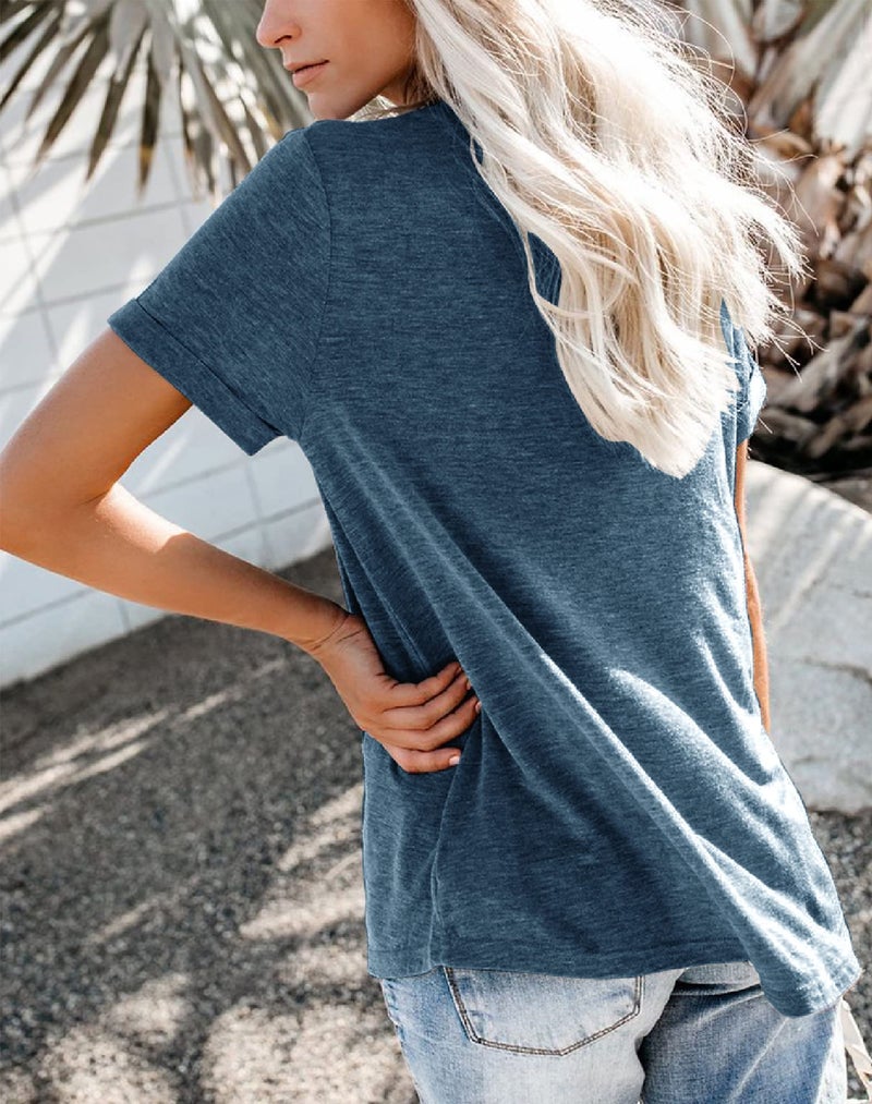 Bingerlily Women's Roll Up Short Sleeve T Shirts Crew Neck Tops Loose Casual Tees with Pocket Navy - Image 3