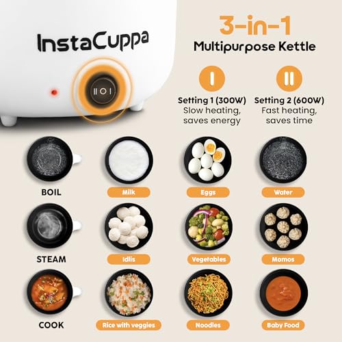 InstaCuppa Stainless Steel 3-In-1 1.2Liter Multi Cook Kettle With Steamer, Non-Stick Inner Pot, Adjustable Temperature, Ideal For Boiling Milk, Tea, Coffee, Eggs & Steaming Veggies, 600 Watts, White - Image 3