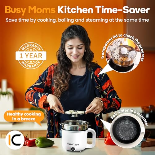 InstaCuppa Stainless Steel 3-In-1 1.2Liter Multi Cook Kettle With Steamer, Non-Stick Inner Pot, Adjustable Temperature, Ideal For Boiling Milk, Tea, Coffee, Eggs & Steaming Veggies, 600 Watts, White - Image 4