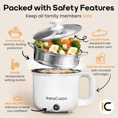 InstaCuppa Stainless Steel 3-In-1 1.2Liter Multi Cook Kettle With Steamer, Non-Stick Inner Pot, Adjustable Temperature, Ideal For Boiling Milk, Tea, Coffee, Eggs & Steaming Veggies, 600 Watts, White - Image 5