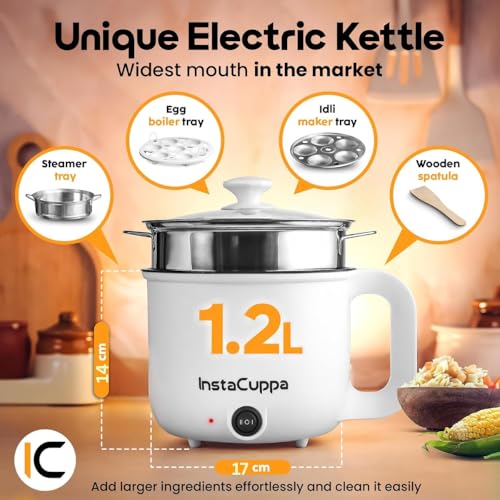 InstaCuppa Stainless Steel 3-In-1 1.2Liter Multi Cook Kettle With Steamer, Non-Stick Inner Pot, Adjustable Temperature, Ideal For Boiling Milk, Tea, Coffee, Eggs & Steaming Veggies, 600 Watts, White - Image 2