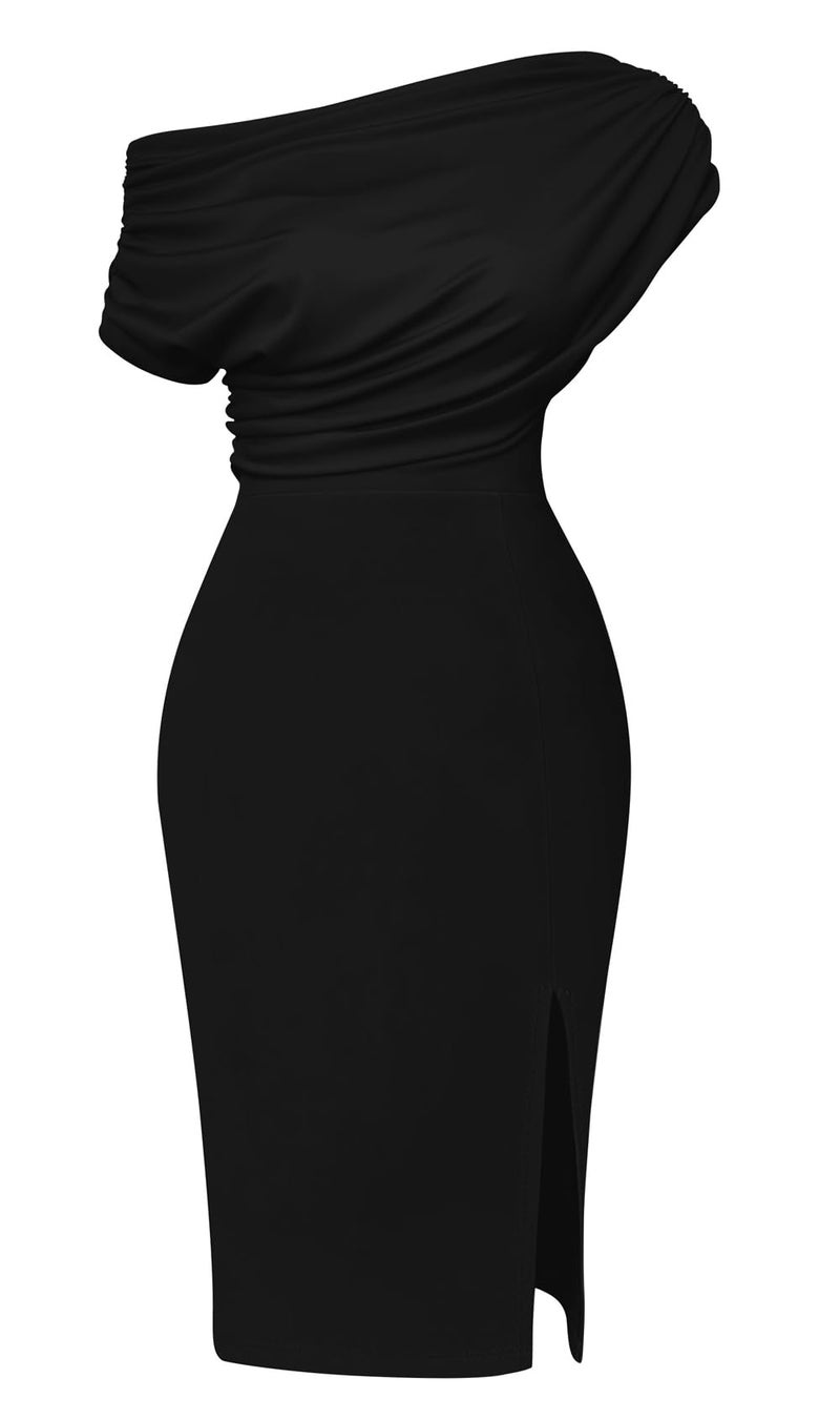 Memoriesea Women's Elegant Off Shoulder Split Hem Bodycon Ruched Midi Club Party Dress Black - Image 1