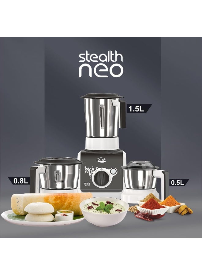ULTRA Stealth neo MixerGrinder,750W,AISI304 Food Grade SS Jars &Blades,Serrated Stainless Steel Blades,Lesser noise,ABS Body,3Jars Small (0.5L),Medium (0.8L), Large(1.5L), 5Year Motor Warranty - Image 5