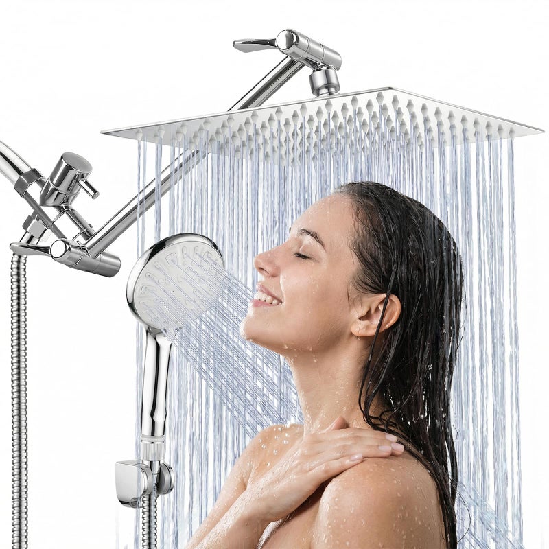Tudoccy Shower Head, 12 Inch High Pressure Rainfall Shower Head/Handheld Shower Combo with 11 Inch Extension Arm, 9 Settings Adjustable Anti-leak Shower Head with Holder/Hose, Height/Angle Adjustable - Image 1