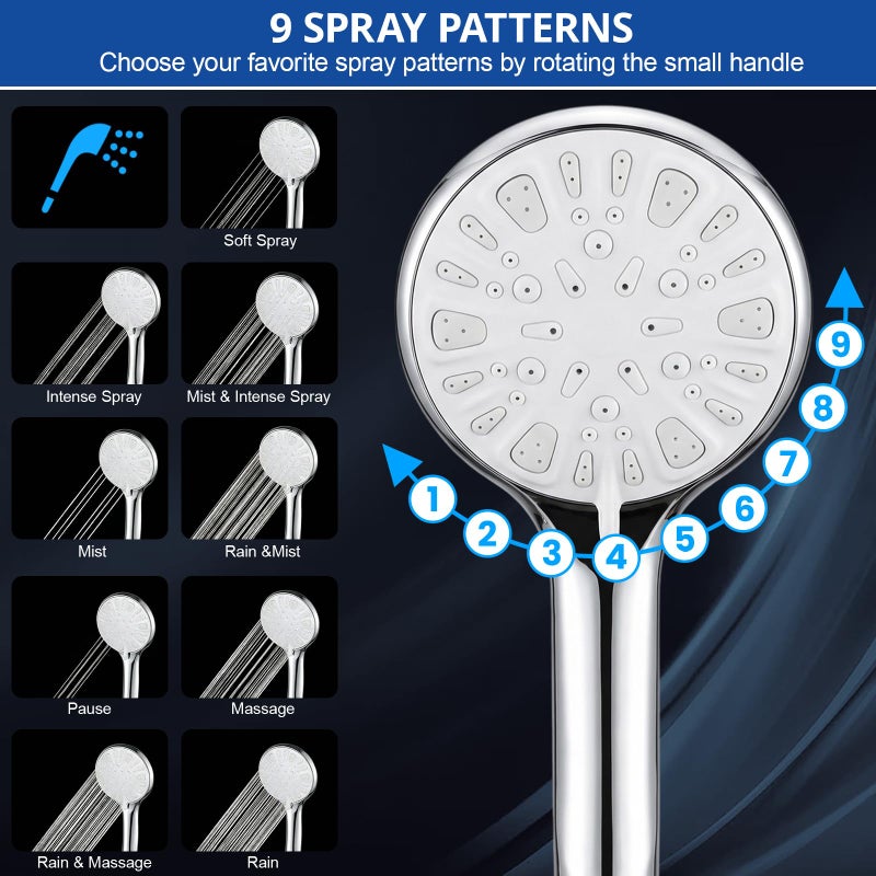 Tudoccy Shower Head, 12 Inch High Pressure Rainfall Shower Head/Handheld Shower Combo with 11 Inch Extension Arm, 9 Settings Adjustable Anti-leak Shower Head with Holder/Hose, Height/Angle Adjustable - Image 3