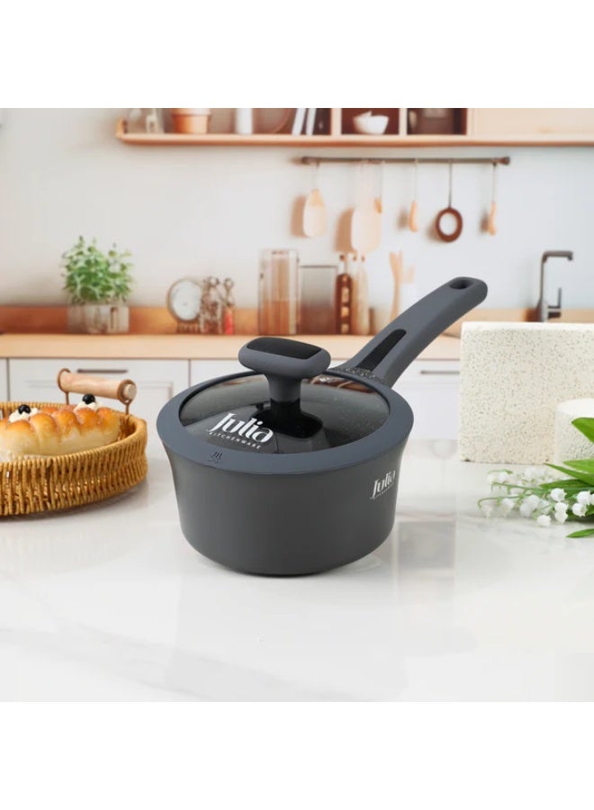 Julia Elite Edge Saucepan 16cm with Lid - Grey - Black Granite Non-Stick - Induction Ready - Image 2