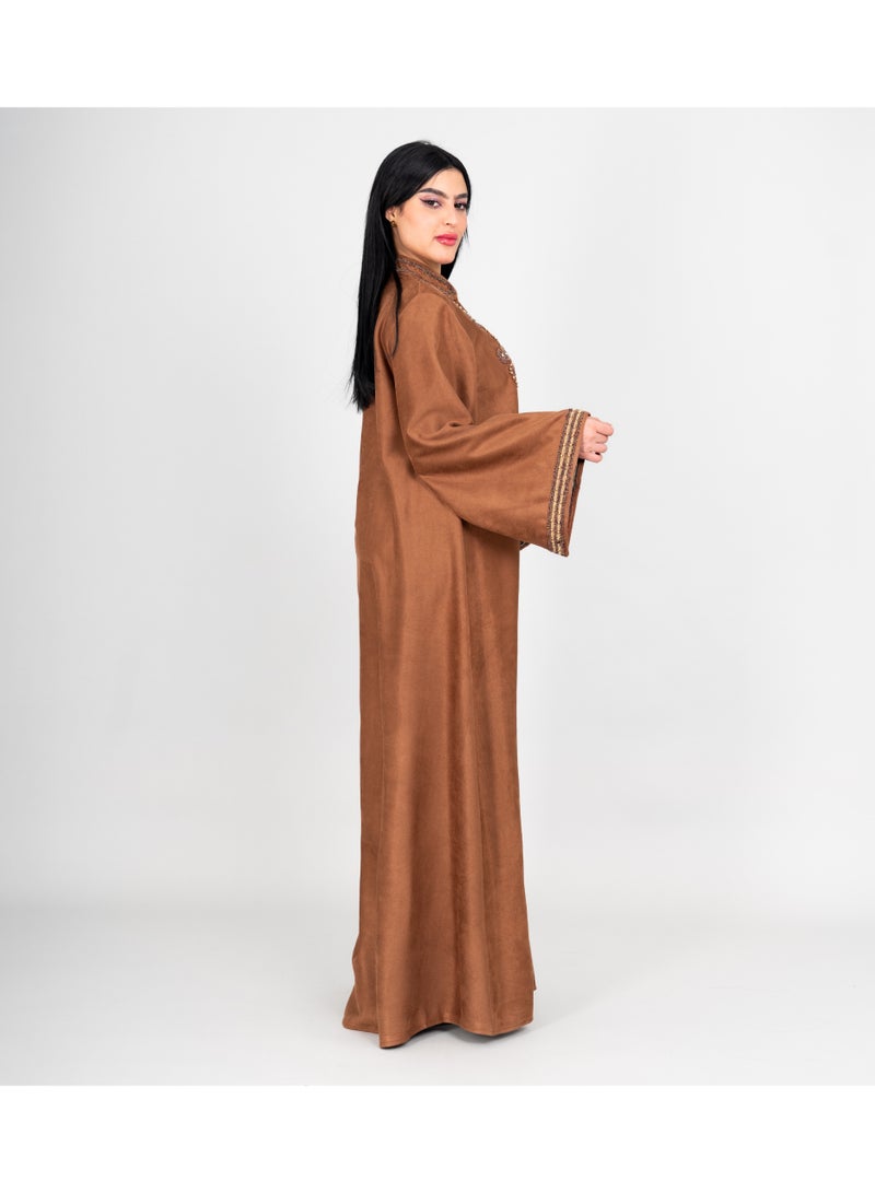 IKKXA Winter Embroidery Smooth Fabric Jalabiya IK1074 Brown - Image 3