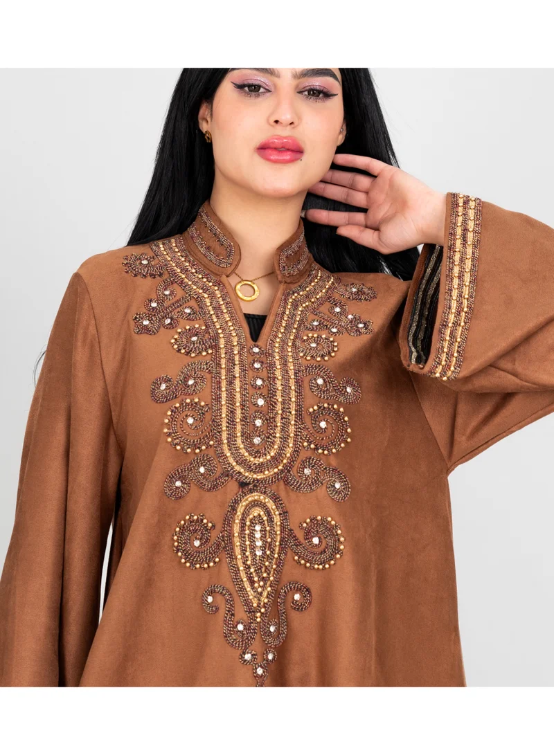 IKKXA Winter Embroidery Smooth Fabric Jalabiya IK1074 Brown
