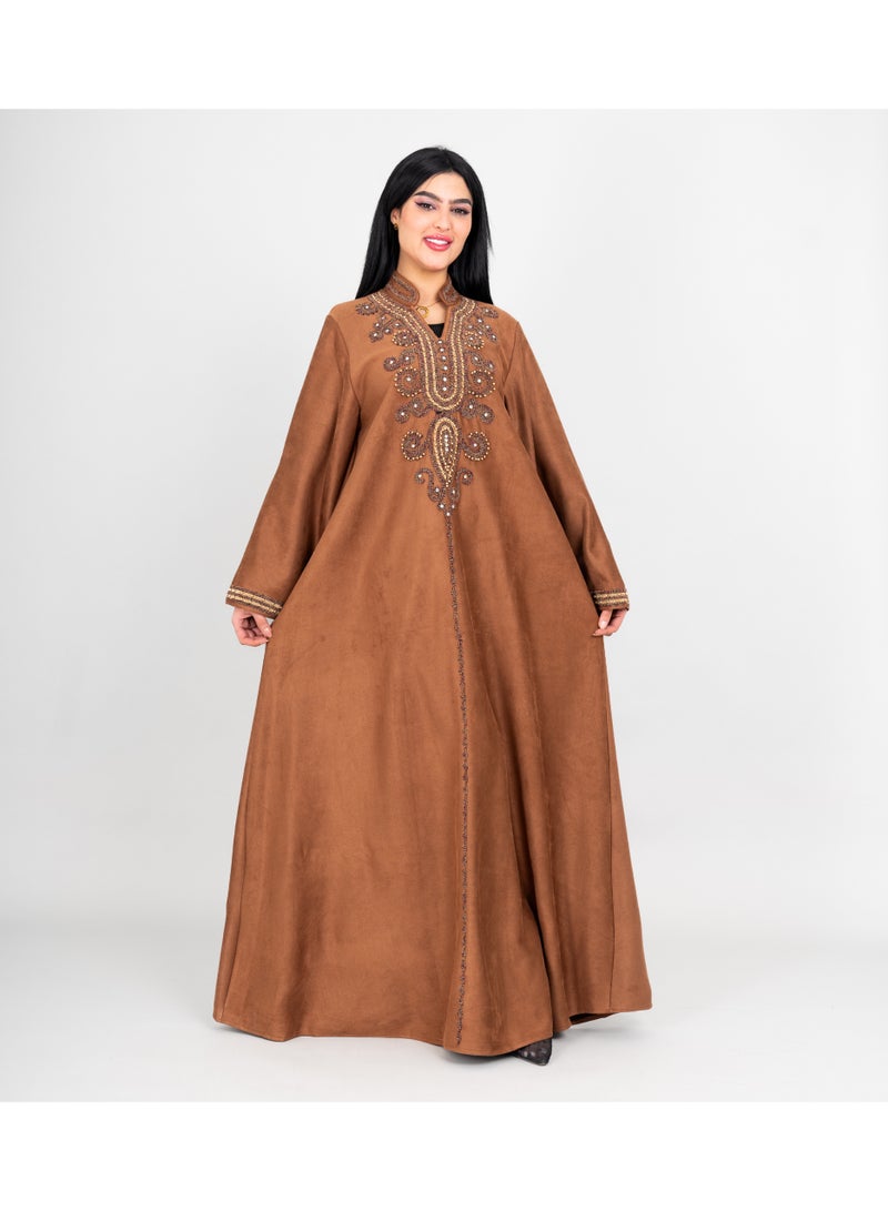 IKKXA Winter Embroidery Smooth Fabric Jalabiya IK1074 Brown - Image 1